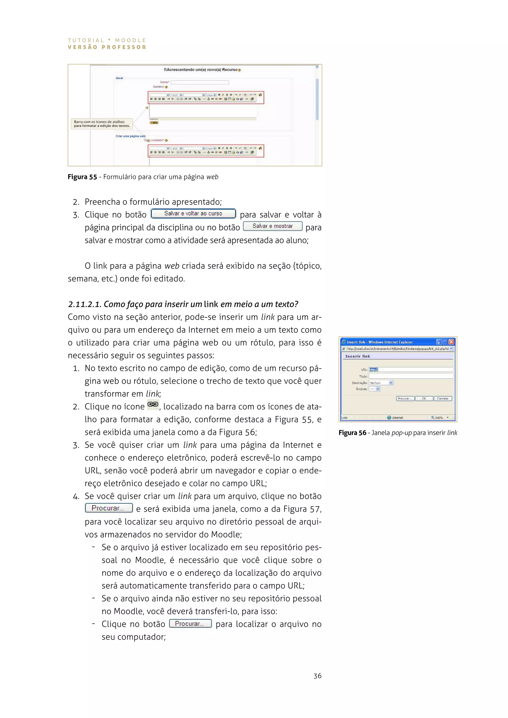 tutorial • moodle
versão professor




Figura 55 - Formulário para criar uma página web


 2. Preencha o formulário apresentado;
 3. Clique no botão                           para salvar e voltar à
    página principal da disciplina ou no botão                  para
    salvar e mostrar como a atividade será apresentada ao aluno;


   o link para a página web criada será exibido na seção (tópico,
semana, etc.) onde foi editado.


2.11.2.1. Como faço para inserir um link em meio a um texto?
como visto na seção anterior, pode-se inserir um link para um ar-
quivo ou para um endereço da internet em meio a um texto como
o utilizado para criar uma página web ou um rótulo, para isso é
necessário seguir os seguintes passos:
 1. no texto escrito no campo de edição, como de um recurso pá-
    gina web ou rótulo, selecione o trecho de texto que você quer
    transformar em link;
 2. Clique no ícone     , localizado na barra com os ícones de ata-
    lho para formatar a edição, conforme destaca a figura 55, e
    será exibida uma janela como a da Figura 56;                       Figura 56 - Janela pop-up para inserir link
 3. se você quiser criar um link para uma página da internet e
    conhece o endereço eletrônico, poderá escrevê-lo no campo
    url, senão você poderá abrir um navegador e copiar o ende-
    reço eletrônico desejado e colar no campo url;
 4. se você quiser criar um link para um arquivo, clique no botão
                  e será exibida uma janela, como a da figura 57,
    para você localizar seu arquivo no diretório pessoal de arqui-
    vos armazenados no servidor do Moodle;
      - se o arquivo já estiver localizado em seu repositório pes-
        soal no moodle, é necessário que você clique sobre o
        nome do arquivo e o endereço da localização do arquivo
        será automaticamente transferido para o campo Url;
      - se o arquivo ainda não estiver no seu repositório pessoal
        no moodle, você deverá transferi-lo, para isso:
      - Clique no botão                para localizar o arquivo no
        seu computador;



                                                                 36
 