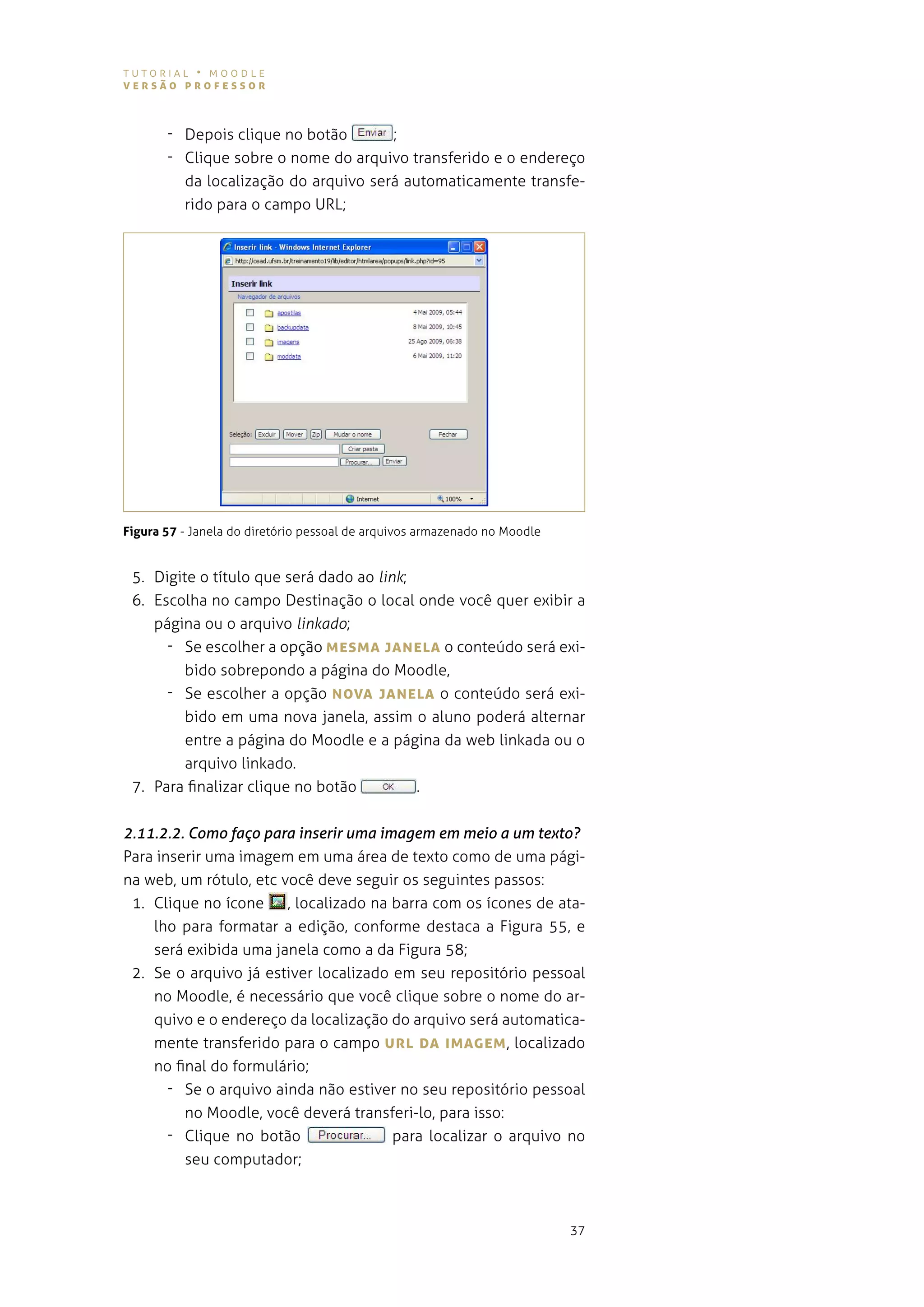 tutorial • moodle
versão professor



       - depois clique no botão       ;
       - clique sobre o nome do arquivo transferido e o endereço
         da localização do arquivo será automaticamente transfe-
         rido para o campo Url;




Figura 57 - Janela do diretório pessoal de arquivos armazenado no Moodle


 5. digite o título que será dado ao link;
 6. escolha no campo destinação o local onde você quer exibir a
    página ou o arquivo linkado;
      - se escolher a opção MesMA jANeLA o conteúdo será exi-
         bido sobrepondo a página do moodle,
      - se escolher a opção NovA jANeLA o conteúdo será exi-
         bido em uma nova janela, assim o aluno poderá alternar
         entre a página do Moodle e a página da web linkada ou o
         arquivo linkado.
 7. para finalizar clique no botão         .


2.11.2.2. Como faço para inserir uma imagem em meio a um texto?
Para inserir uma imagem em uma área de texto como de uma pági-
na web, um rótulo, etc você deve seguir os seguintes passos:
 1. Clique no ícone     , localizado na barra com os ícones de ata-
    lho para formatar a edição, conforme destaca a figura 55, e
    será exibida uma janela como a da figura 58;
 2. se o arquivo já estiver localizado em seu repositório pessoal
    no moodle, é necessário que você clique sobre o nome do ar-
    quivo e o endereço da localização do arquivo será automatica-
    mente transferido para o campo UrL DA IMAgeM , localizado
    no final do formulário;
       - se o arquivo ainda não estiver no seu repositório pessoal
         no moodle, você deverá transferi-lo, para isso:
       - Clique no botão                para localizar o arquivo no
         seu computador;



                                                                           37
 