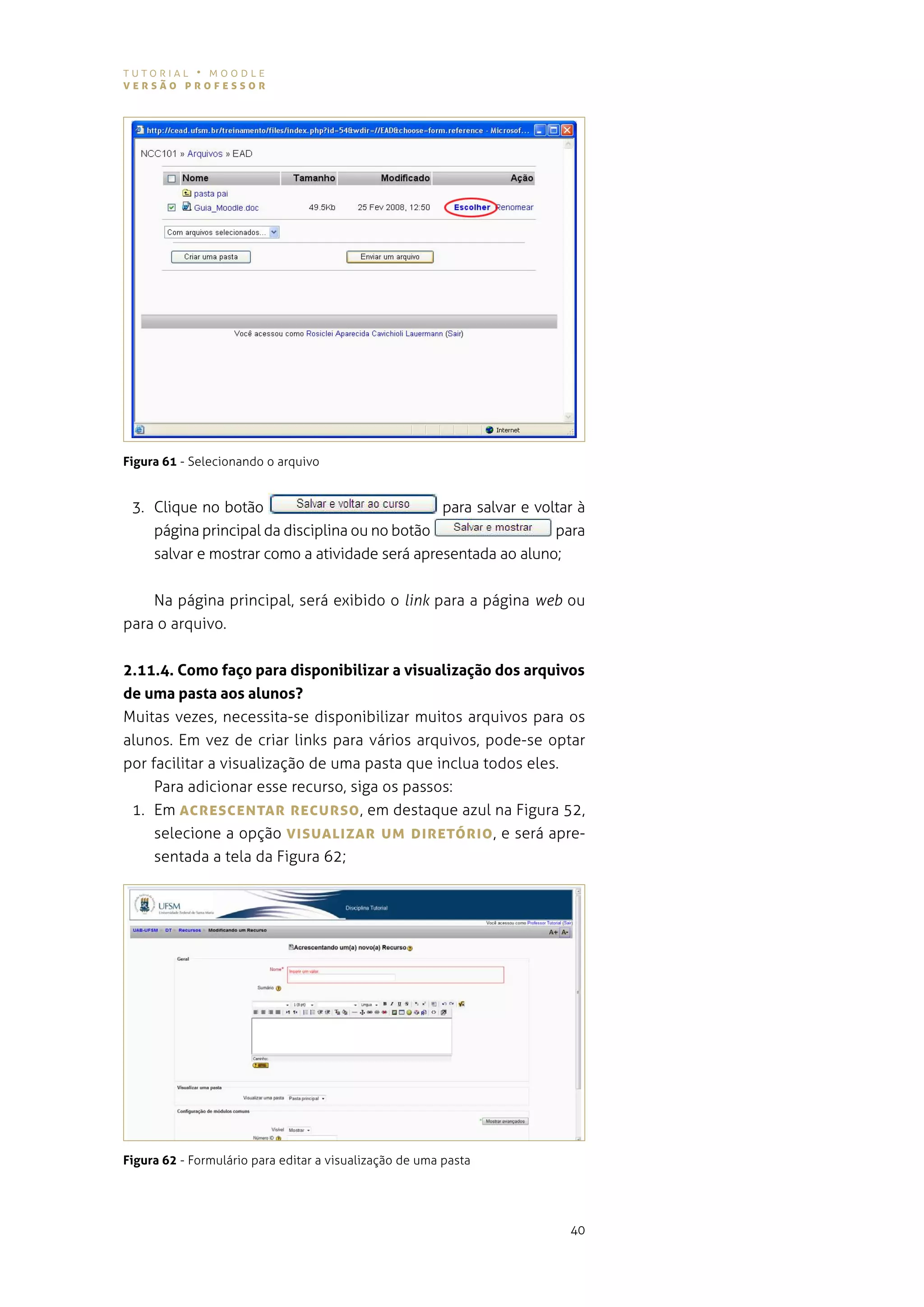 tutorial • moodle
versão professor




Figura 61 - selecionando o arquivo


 3. Clique no botão                            para salvar e voltar à
    página principal da disciplina ou no botão                  para
    salvar e mostrar como a atividade será apresentada ao aluno;


    na página principal, será exibido o link para a página web ou
para o arquivo.


2.11.4. Como faço para disponibilizar a visualização dos arquivos
de uma pasta aos alunos?
muitas vezes, necessita-se disponibilizar muitos arquivos para os
alunos. em vez de criar links para vários arquivos, pode-se optar
por facilitar a visualização de uma pasta que inclua todos eles.
     para adicionar esse recurso, siga os passos:
 1. em AcresceNTAr recUrso , em destaque azul na figura 52,
     selecione a opção vIsUALIzAr UM DIreTórIo , e será apre-
     sentada a tela da Figura 62;




Figura 62 - formulário para editar a visualização de uma pasta




                                                                  40
 