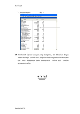 Retsm@rt



   7. Piutang Dagang             : Rp. -,




18. Demikianlah laporan keuangan yang ditampilkan, dan diharapkan dengan
   laporan keuangan tersebut maka pimpinan dapat mengambil suatu kebijakan
   agar untuk kedepannya dapat meningkatkan kualitas serta kuantitas
   perusahaan tersebut.




                              Finish




Belajar MYOB
 