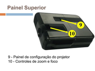 Painel Superior
9 - Painel de configuração do projetor
10 - Controles de zoom e foco
 