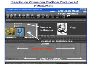 Creación de Videos con ProShow Producer 4.0 Visor Directorio de Carpetas Imágenes del Subdirectorio o Carpeta LÍNEA DE TIEMPO BANDA DE SONIDO BARRAS DE MENÚ Y HERRAMIENTAS PRIMERA PARTE 