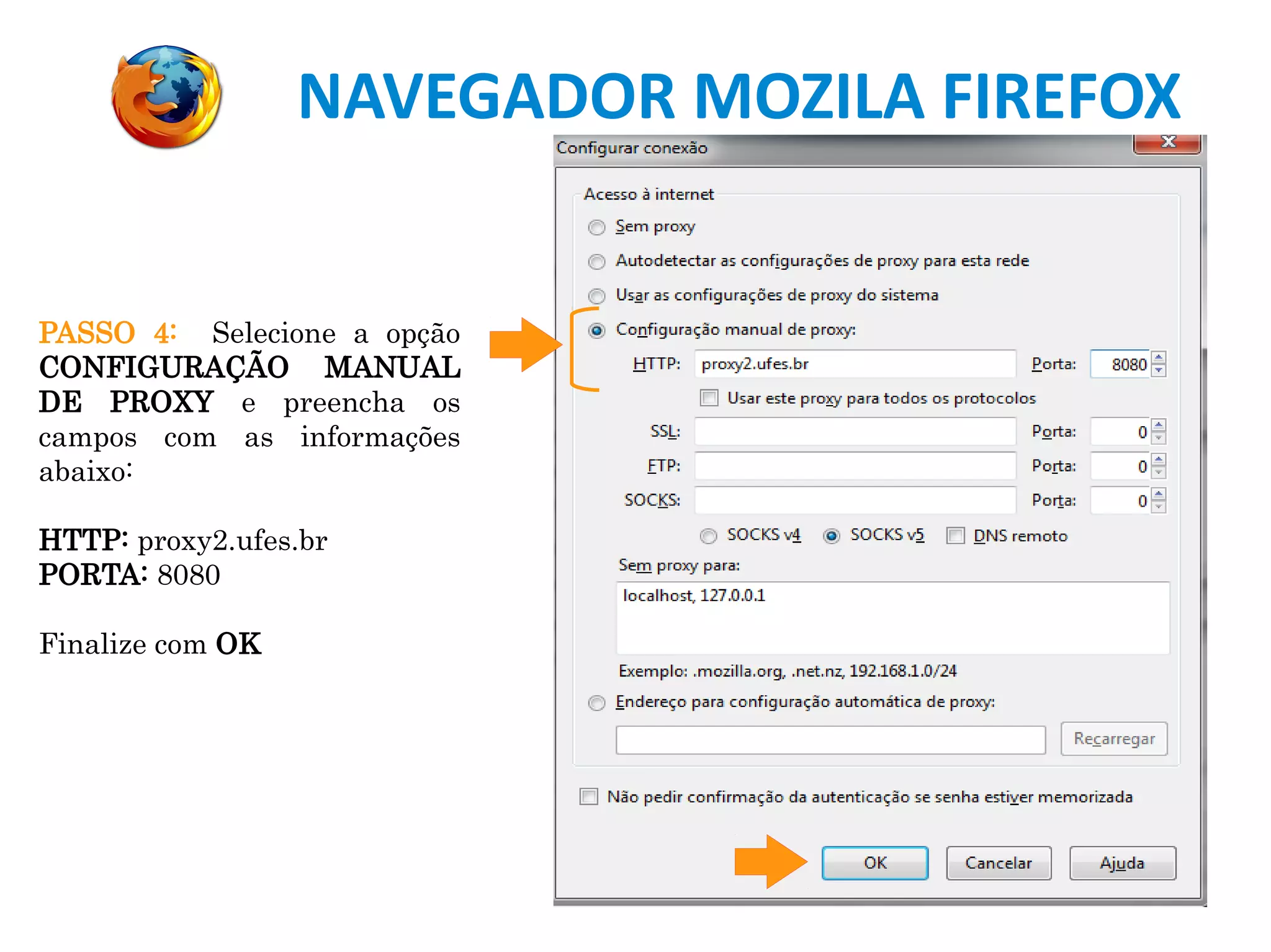 NAVEGADOR MOZILA FIREFOX
PASSO 4: Selecione a opção
CONFIGURAÇÃO MANUAL
DE PROXY e preencha os
campos com as informações
abaixo:
HTTP: proxy2.ufes.br
PORTA: 8080
Finalize com OK
 