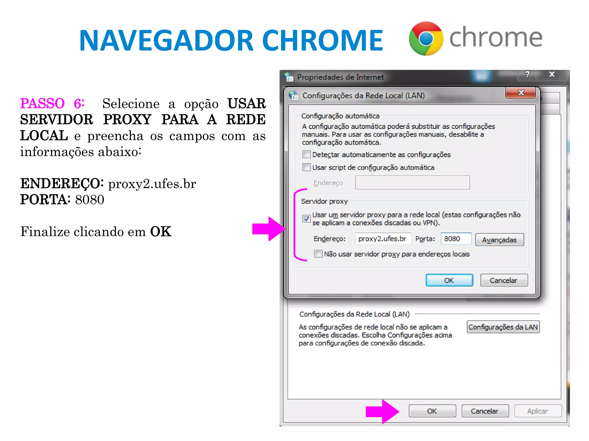NAVEGADOR CHROME
PASSO 6: Selecione a opção USAR
SERVIDOR PROXY PARA A REDE
LOCAL e preencha os campos com as
informações abaixo:
ENDEREÇO: proxy2.ufes.br
PORTA: 8080
Finalize clicando em OK
 