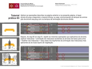 Universidade do Minho
Instituto de Ciências Sociais
Departamento de Ciências da Comunicação
Módulo Multimédia
Atelier Audiovisual e Multimédia I - 2013 | 2014
Professor Doutor Leonardo Pereira
e-mail: leonardpeartree@gmail.com | Skype: leonardpeartree
Tutorial
prático 03
Aplicar as operações descritas na página anterior e na presente página, à layer
árvore dir.png e seguindo o mesmo timing, ou seja, sincronizando os tempos de anima-
ção da árvore esq.png com os tempos de animação da árvore direita.
Depois, do seg 00 ao seg 01, repetir as mesmas operações que aplicamos às árvores
(aplicar máscaras + animação de máscaras revelando as árvores de baixo para cima
+ feather nas máscaras + easy ease nos keyframes da animação das máscaras) mas
aplicando-as às duas layers de vegetação.
 