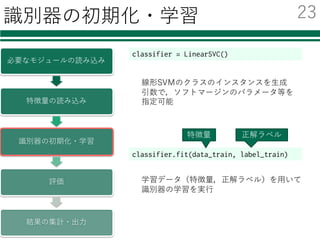 識別器の初期化・学習
必要なモジュールの読み込み
特徴量の読み込み
識別器の初期化・学習
評価
結果の集計・出⼒
classifier = LinearSVC()
線形SVMのクラスのインスタンスを⽣成
引数で，ソフトマージンのパラメータ等を
指定可能
classifier.fit(data_train, label_train)
学習データ（特徴量，正解ラベル）を⽤いて
識別器の学習を実⾏
特徴量 正解ラベル
23
 