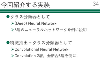 Deep Learningのためのツール
名前 開発元 環境 ⾔語
導⼊の
容易さ
GPU化の
容易さ
その他
neural
network
toolbox
MathWorks Windows
Mac
Linux
Matlab ◎ ？
caffe BVLC Linux C++
Python
△ ◎ 画像に
強い
TensorFlow Google Linux
Mac
Python ○ ○ AlphaGo
Torch7 Facebook Linux
Mac
Lua ○ ○
chainer Preferred	
Networks
Linux
Mac
Windows
Python ◎ ○
今回はChainerでの実装例を紹介する
33
 