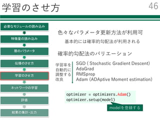 活性化関数の変更
必要なモジュールの読み込み
特徴量の読み込み
層のパラメータ
伝播のさせ方
学習のさせ方
ネットワークの学習
評価
結果の集計・出力
def forward(x, is_train=True):
h1 = F.sigmoid(model.l1(x))
h2 = F.sigmoid(model.l2(h1))
p = model.l3(h2)
return p
def forward(x, is_train=True):
h1 = F.relu(model.l1(x))
h2 = F.relu(model.l2(h1))
p = model.l3(h2)
return p
def forward(x, is_train=True):
h1 = F.dropout(F.relu(model.l1(x)), train=is_train)
h2 = F.dropout(F.relu(model.l2(h1)), train=is_train)
p = model.l3(h2)
return p
• 活性化関数をReLUにする
• Dropoutを追加する
45
 