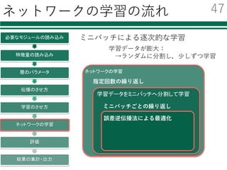 学習のさせ⽅
必要なモジュールの読み込み
特徴量の読み込み
層のパラメータ
伝播のさせ方
学習のさせ方
ネットワークの学習
評価
結果の集計・出力
optimizer = optimizers.Adam()
optimizer.setup(model)
SGD ( Stochastic Gradient Descent)
AdaGrad
RMSprop
Adam (ADAptive Moment estimation)
modelを登録する
⾊々なパラメータ更新⽅法が利⽤可
学習率を
⾃動的に
調整する
改良
基本的には確率的勾配法が利⽤される
確率的勾配法のバリエーション
46
 