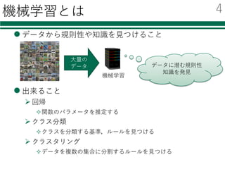 機械学習とは
l データから規則性や知識を⾒つけること
l 出来ること
Ø 回帰
²関数のパラメータを推定する
Ø クラス分類
²クラスを分類する基準，ルールを⾒つける
Ø クラスタリング
²データを複数の集合に分割するルールを⾒つける
データに潜む規則性
知識を発⾒
⼤量の
データ
機械学習
4
 
