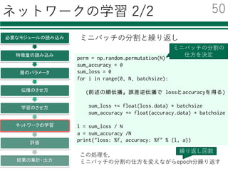 ネットワークの学習の流れ
必要なモジュールの読み込み
特徴量の読み込み
層のパラメータ
伝播のさせ方
学習のさせ方
ネットワークの学習
評価
結果の集計・出力
ミニバッチによる逐次的な学習
学習データが膨⼤：
→ランダムに分割し，少しずつ学習
ネットワークの学習
学習データをミニバッチへ分割して学習
指定回数の繰り返し
ミニバッチごとの繰り返し
誤差逆伝播法による最適化
49
 