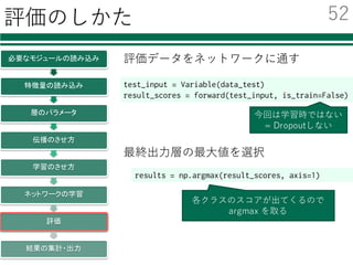 ネットワークの学習の流れ
必要なモジュールの読み込み
特徴量の読み込み
層のパラメータ
伝播のさせ方
学習のさせ方
ネットワークの学習
評価
結果の集計・出力
ミニバッチによる逐次的な学習
学習データが膨⼤：
→ランダムに分割し，少しずつ学習
ネットワークの学習
学習データをミニバッチへ分割して学習
指定回数の繰り返し
ミニバッチごとの繰り返し
誤差逆伝播法による最適化
51
 