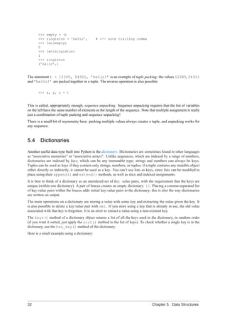 >>> empty = ()
       >>> singleton = ’hello’,               # <-- note trailing comma
       >>> len(empty)
       0
       >>> len(singleton)
       1
       >>> singleton
       (’hello’,)


The statement t = 12345, 54321, ’hello!’ is an example of tuple packing: the values 12345, 54321
and ’hello!’ are packed together in a tuple. The reverse operation is also possible:

       >>> x, y, z = t


This is called, appropriately enough, sequence unpacking. Sequence unpacking requires that the list of variables
on the left have the same number of elements as the length of the sequence. Note that multiple assignment is really
just a combination of tuple packing and sequence unpacking!
There is a small bit of asymmetry here: packing multiple values always creates a tuple, and unpacking works for
any sequence.


5.4     Dictionaries
Another useful data type built into Python is the dictionary. Dictionaries are sometimes found in other languages
as “associative memories” or “associative arrays”. Unlike sequences, which are indexed by a range of numbers,
dictionaries are indexed by keys, which can be any immutable type; strings and numbers can always be keys.
Tuples can be used as keys if they contain only strings, numbers, or tuples; if a tuple contains any mutable object
either directly or indirectly, it cannot be used as a key. You can’t use lists as keys, since lists can be modiﬁed in
place using their append() and extend() methods, as well as slice and indexed assignments.
It is best to think of a dictionary as an unordered set of key: value pairs, with the requirement that the keys are
unique (within one dictionary). A pair of braces creates an empty dictionary: {}. Placing a comma-separated list
of key:value pairs within the braces adds initial key:value pairs to the dictionary; this is also the way dictionaries
are written on output.
The main operations on a dictionary are storing a value with some key and extracting the value given the key. It
is also possible to delete a key:value pair with del. If you store using a key that is already in use, the old value
associated with that key is forgotten. It is an error to extract a value using a non-existent key.
The keys() method of a dictionary object returns a list of all the keys used in the dictionary, in random order
(if you want it sorted, just apply the sort() method to the list of keys). To check whether a single key is in the
dictionary, use the has_key() method of the dictionary.
Here is a small example using a dictionary:




32                                                                                   Chapter 5. Data Structures
 