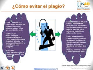 ¿Cómo evitar el plagio?


CITAR LAS FUENTES:                                      PARAFRASEE LAS IDEAS Y
Poner dentro del texto que                              CITE LA REFERENCIA:
está escribiendo las                   “El plagio ocurre cuando
                                                        No puede usar oraciones o
                                                        párrafos exactamente como
palabras, ideas o cifras
que tomó de otra parte.
                                        usted toma prestadas
                                                        están el texto, así cite la
                                      palabras o ideas de otros y
                                                        referencia, las palabras
                                                        deben ser las suyas.
COMO CITAR:
Utilice las reglas                    no reconoce expresamente
                                                    COMO PARAFRASEAR:
establecidas por APA
( entre paréntesis coloque
                                            haberlo hecho.” para todas
                                                    •Use sinónimos
el apellido del autor y la                              las palabras no genéricas.
                                                        •Cambie de la voz pasiva a
fecha de publicación de la
obra) Cite en cada                                      la activa , o viceversa.
                                                        •Cambie la estructura de la
parágrafo.
                                                        frase.
                                                        •Reduzca párrafos a frases.
       PROPIEDAD
QUE CITAR:
                                                        •Cambie partes del texto.
Todos los datos, cifras y
     INTELECTUAL
estadísticas que no sean
 propios.
                             DERECHOS DE
                                AUTOR

                                                 Tomado de http://www.eduteka.org/PlagioIndiana.php3

                                                                FI-GQ-GCMU-004-015 V. 000-27-08-2011
 