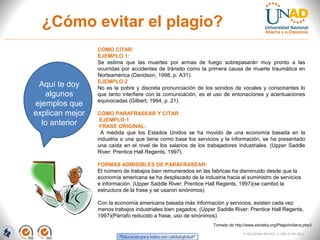 ¿Cómo evitar el plagio?
                             COMO CITAR:
                             EJEMPLO 1:
                             Se estima que las muertes por armas de fuego sobrepasarán muy pronto a las
                             ocurridas por accidentes de tránsito como la primera causa de muerte traumática en
CITAR LAS FUENTES:           Norteamérica (Davidson, 1998, p. A31). “E
                             EJEMPLO 2
       Aquí te doy
Poner dentro del texto que
                             No es la pobre y discreta pronunciación de los sonidos de vocales y consonantes lo
está escribiendo las
          algunos
palabras, ideas o cifras     que tanto interfiere con la comunicación, es el uso de entonaciones y acentuaciones
                             equivocadas (Gilbert, 1994, p. 21).
      ejemplos que
que tomó de otra parte.

      explican mejor
COMO CITAR:                  COMO PARAFRASEAR Y CITAR
                              EJEMPLO 1
          lo anterior
Utilice las reglas
                              FRASE ORIGINAL:
establecidas por APA
( entre paréntesis coloque     A medida que los Estados Unidos se ha movido de una economía basada en la
el apellido del autor y la   industria a una que tiene como base los servicios y la información, se ha presentado
fecha de publicación de la   una caída en el nivel de los salarios de los trabajadores industriales. (Upper Saddle
obra) Cite en cada           River: Prentice Hall Regents, 1997).
parágrafo.
                             FORMAS ADMISIBLES DE PARAFRASEAR:
       PROPIEDAD
QUE CITAR:                   El número de trabajos bien remunerados en las fabricas ha disminuido desde que la
Todos los datos, cifras y    economía americana se ha desplazado de la industria hacia el suministro de servicios
     INTELECTUAL
estadísticas que no sean     e información. (Upper Saddle River: Prentice Hall Regents, 1997)(se cambió la
 propios.                    estructura de la frase y se usaron sinónimos)

                             Con la economía americana basada más información y servicios, existen cada vez
                             menos trabajos industriales bien pagados. (Upper Saddle River: Prentice Hall Regents,
                             1997)(Párrafo reducido a frase, uso de sinónimos)
                                                                            Tomado de http://www.eduteka.org/PlagioIndiana.php3

                                                                                           FI-GQ-GCMU-004-015 V. 000-27-08-2011
 