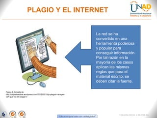PLAGIO Y EL INTERNET


                      • Los trabajos originales     La red se ha
                      • El                          convertido en una
              Aquí te doy conocimiento común.
                                                    herramienta poderosa
                      •
                algunosLos resultados obtenidos después de
                                                    y popular para
             ejemplosrealizada una investigación
                       que
                                                    conseguir información.
            explican mejor
                                                                      Por tal razón en la
              lo anterior
                                                                      mayoría de los casos
                                                                      aplican las mismas
                                                                      reglas que para el
                                                                      material escrito, se
                                                                      deben citar la fuente.
             PROPIEDAD
            INTELECTUAL
Figura 2. tomada de:
http://pepvalsalobre.wordpress.com/2012/02/15/jo-plagiar-i-ara-per-
cert-que-vol-dir-plagiar-i/




                                                                                   FI-GQ-GCMU-004-015 V. 000-27-08-2011
 