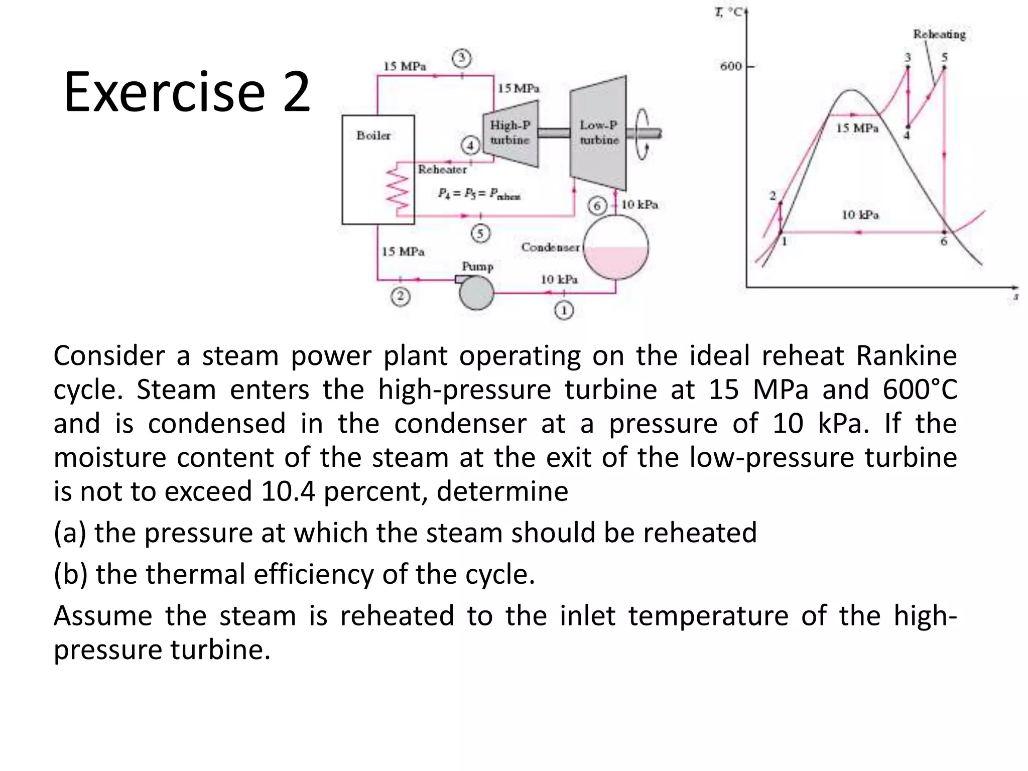 Exercise 2



Consider a steam power plant operating on the ideal reheat Rankine
cycle. Steam enters the high-pressure turbine at 15 MPa and 600°C
and is condensed in the condenser at a pressure of 10 kPa. If the
moisture content of the steam at the exit of the low-pressure turbine
is not to exceed 10.4 percent, determine
(a) the pressure at which the steam should be reheated
(b) the thermal efficiency of the cycle.
Assume the steam is reheated to the inlet temperature of the high-
pressure turbine.
 