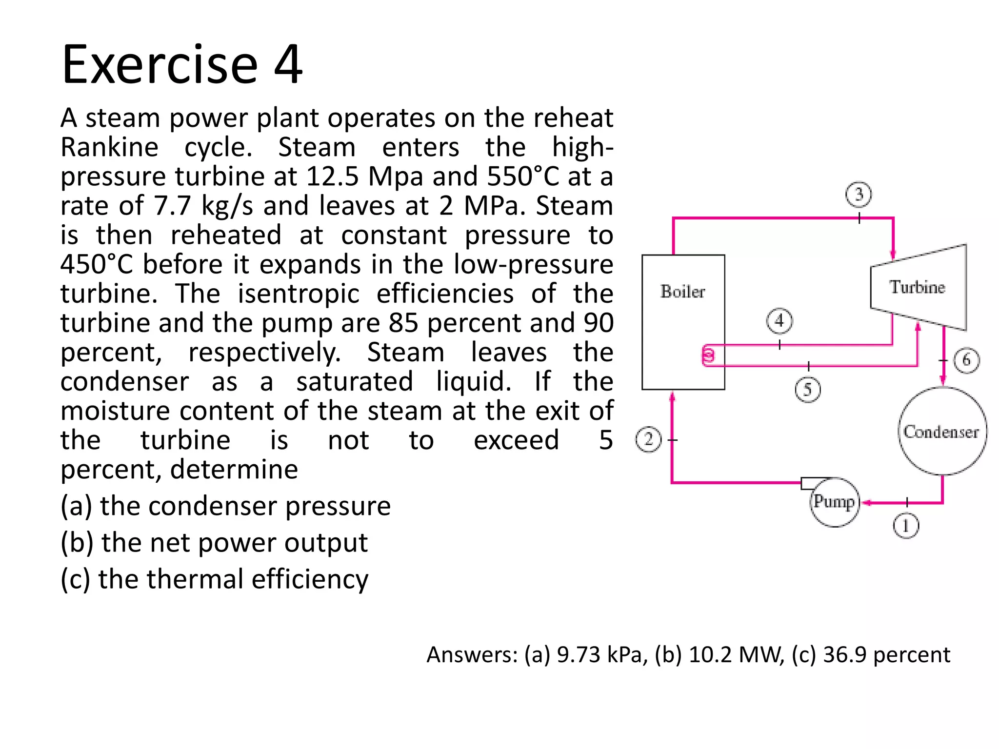 Exercise 4
A steam power plant operates on the reheat
Rankine cycle. Steam enters the high-
pressure turbine at 12.5 Mpa and 550°C at a
rate of 7.7 kg/s and leaves at 2 MPa. Steam
is then reheated at constant pressure to
450°C before it expands in the low-pressure
turbine. The isentropic efficiencies of the
turbine and the pump are 85 percent and 90
percent, respectively. Steam leaves the
condenser as a saturated liquid. If the
moisture content of the steam at the exit of
the turbine is not to exceed 5
percent, determine
(a) the condenser pressure
(b) the net power output
(c) the thermal efficiency

                             Answers: (a) 9.73 kPa, (b) 10.2 MW, (c) 36.9 percent
 