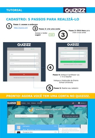 Passo 1: acesse o endereço
https://quizizz.com
Acesse o botão
Login!
Passo 2: crie uma conta
Passo 3: Click Here para
criar a sua conta
CADASTRO: 5 PASSOS PARA REALIZÁ-LO
TUTORIAL
Passo 4: Indique é professor (a)
I´m a teacher
Indique a Instituição de Ensino
School University
Passo 5: Realize seu cadastro
PRONTO! AGORA VOCÊ TEM UMA CONTA NO QUIZIZZ.
 