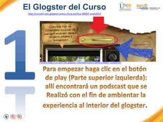 El Glogster del Curso
http://ccruz07.edu.glogster.com/cultura-politica-90007-unad2013
.
FUENTE:http://ccruz07.edu.glogster.com/edit/cultura-politica-90007-unad2013/
 