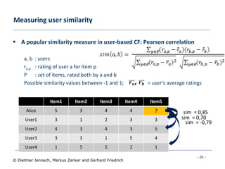 - 26 -
© Dietmar Jannach, Markus Zanker and Gerhard Friedrich
Measuring user similarity
 A popular similarity measure in user-based CF: Pearson correlation
a, b : users
ra,p : rating of user a for item p
P : set of items, rated both by a and b
Possible similarity values between -1 and 1; = user's average ratings
Item1 Item2 Item3 Item4 Item5
Alice 5 3 4 4 ?
User1 3 1 2 3 3
User2 4 3 4 3 5
User3 3 3 1 5 4
User4 1 5 5 2 1
sim = 0,85
sim = 0,70
sim = -0,79
𝒓 𝒂, 𝒓 𝒃
 