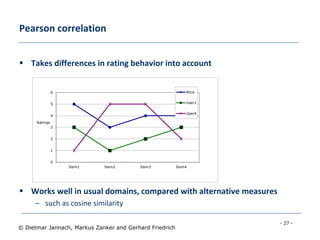 - 27 -
© Dietmar Jannach, Markus Zanker and Gerhard Friedrich
Pearson correlation
 Takes differences in rating behavior into account
 Works well in usual domains, compared with alternative measures
– such as cosine similarity
0
1
2
3
4
5
6
Item1 Item2 Item3 Item4
Ratings
Alice
User1
User4
 
