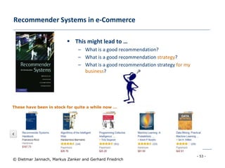 - 53 -
© Dietmar Jannach, Markus Zanker and Gerhard Friedrich
 This might lead to …
– What is a good recommendation?
– What is a good recommendation strategy?
– What is a good recommendation strategy for my
business?
Recommender Systems in e-Commerce
We hope you will buy also …These have been in stock for quite a while now …
 