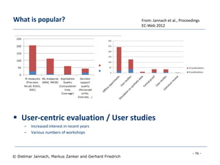 - 76 -
© Dietmar Jannach, Markus Zanker and Gerhard Friedrich
What is popular?
 User-centric evaluation / User studies
– Increased interest in recent years
– Various numbers of workshops
From: Jannach et al., Proceedings
EC-Web 2012
 