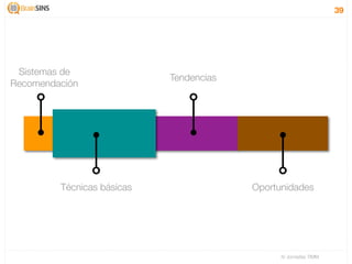 39




 Sistemas de
                            Tendencias
Recomendación




         Técnicas básicas                Oportunidades




                                               IV Jornadas TIMM
 