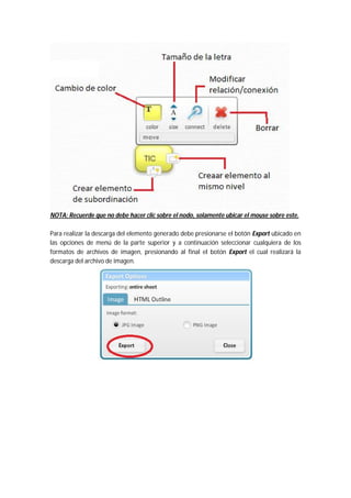 NOTA: Recuerde que no debe hacer clic sobre el nodo, solamente ubicar el mouse sobre este.
Para realizar la descarga del elemento generado debe presionarse el botón Export ubicado en
las opciones de menú de la parte superior y a continuación seleccionar cualquiera de los
formatos de archivos de imagen, presionando al final el botón Export el cual realizará la
descarga del archivo de imagen.