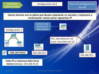 Tutorial de                   Configuración red 3                   Paso 10:confuguracion
practica Packet                                                               de red

   Vamos termina con la ultima que llevara solamente un servidor y impresora a
                   continuación vamos poner siguientes IP

                               Switch1: Fast-
                                Ethernet 4/1
 Configuración 3               (fibra óptica)



                                                   PC1: fast-Ethernet 1/1
                                                   imp1: Fast-Ethernet 2/1



     Cable cobre directo.   192.168.70.1
                                                                              192.168.70.2

 Todas PC y impresora debe llevar
  misma Gateway :192.168.70.10

 3/11/2012                      Francisco David Santiago Donagustin                     14
 