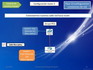 Tutorial de                         Configuración router 3                 Paso 12:confuguracion
practica Packet                                                                conexiones de red


                             Conectaremos nuestros cable red hacia router.


                                                      Grupo PCS

                           Switch1: Fast-
                            Ethernet 4/1
                           (fibra óptica)




     Cable fibra óptica.


                        router1:
                     Fast-Ethernet
                          2/0
                     (fibra óptica)

 3/11/2012                             Francisco David Santiago Donagustin                     16
 