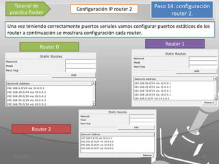 Tutorial de                                                        Paso 14: configuración
                              Configuración IP router 2
 practica Packet                                                            router 2.

Una vez teniendo correctamente puertos seriales vamos configurar puertos estáticos de los
router a continuación se mostrara configuración cada router.

                                                                          Router 1
                 Router 0




              Router 2



  3/11/2012                     Francisco David Santiago Donagustin                     20
 