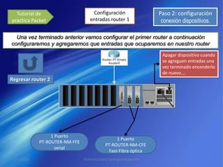 Tutorial de                       Configuración                     Paso 2: configuración
practica Packet                    entradas router 1                   conexión dispositivos.

  Una vez terminado anterior vamos configurar el primer router a continuación
configuraremos y agregaremos que entradas que ocuparemos en nuestro router
                                                                       Apagar dispositivo cuando
                                                                       se agreguen entradas una
                                                                       vez terminado encenderlo
                                                                       de nuevo….
Regresar router 2




                  1 Puerto
                                                   1 Puerto
             PT-ROUTER-NM-FFE
                                             PT-ROUTER-NM-CFE
                    serial
                                               Fast-Fibra óptica
 3/11/2012                      Francisco David Santiago Donagustin                         5
 