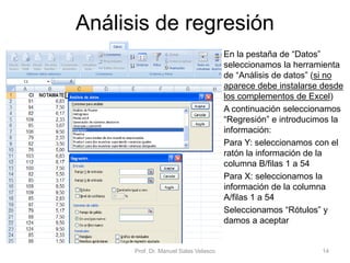 Análisis de regresión
• En la pestaña de “Datos”
seleccionamos la herramienta
de “Análisis de datos” (si no
aparece debe instalarse desde
los complementos de Excel)
• A continuación seleccionamos
“Regresión” e introducimos la
información:
• Para Y: seleccionamos con el
ratón la información de la
columna B/filas 1 a 54
• Para X: seleccionamos la
información de la columna
A/filas 1 a 54
• Seleccionamos “Rótulos” y
damos a aceptar
Prof. Dr. Manuel Salas Velasco 14
 