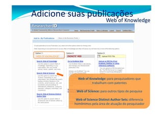 Adicione suas publicações
                               Web of Knowledge




            Web of Knowledge: para pesquisadores que
                     trabalham com patentes

           Web of Science: para outros tipos de pesquisa

           Web of Science Distinct Author Sets: diferencia
          homônimos pela área de atuação do pesquisador
 