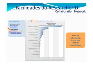 Facilidades do ResearcherID
                               Collaboration Network


             Sobrenome, Nome




                                             Rede de
                                         colaboração,
                                          listada pela
                                             área de
                                        conhecimento
 