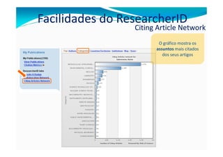 Facilidades do ResearcherID
                                Citing Article Network
                                       O gráfico mostra os
                                      assuntos mais citados
                                         dos seus artigos
              Sobrenome, Nome
 