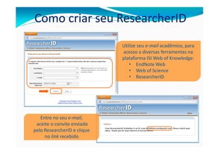 Como criar seu ResearcherID
                             Utilize seu e-mail acadêmico, para
                             acesso a diversas ferramentas na
                             plataforma ISI Web of Knowledge:
                                • EndNote Web
                                • Web of Science
                                • ResearcherID




   Entre no seu e-mail,
 aceite o convite enviado
pelo ResearcherID e clique
     no link recebido
 