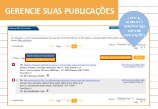 57	
  
GERENCIE	
  SUAS	
  PUBLICAÇÕES	
  
EXCLUA,	
  
ATUALIZE	
  E	
  
GERENCIE	
  SUA	
  
LISTA	
  DE	
  
PUBLICAÇÕES	
  
 