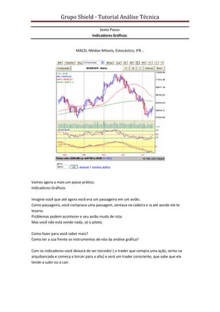 Grupo Shield - Tutorial Análise Técnica

                                         Sexto Passo:
                                    Indicadores Gráficos:


                          MACD, Médias Móveis, Estocástico, IFR...




Vamos agora a mais um passo prático.
Indicadores Gráficos.

Imagine você que até agora você era um passageiro em um avião.
Como passageiro, você comprava uma passagem, sentava na cadeira e ia até aonde ele te
levaria.
Problemas podem acontecer e seu avião muda de rota.
Mas você não está vendo nada, só o piloto.

Como fazer para você saber mais?
Como ter a sua frente os instrumentos de vôo da análise gráfica?

Com os indicadores você deixará de ser torcedor ( o trader que compra uma ação, senta na
                         ê
arquibancada e comeca a torcer para a alta) e será um trader consciente, que sabe que ela
tende a subir ou a cair.
 