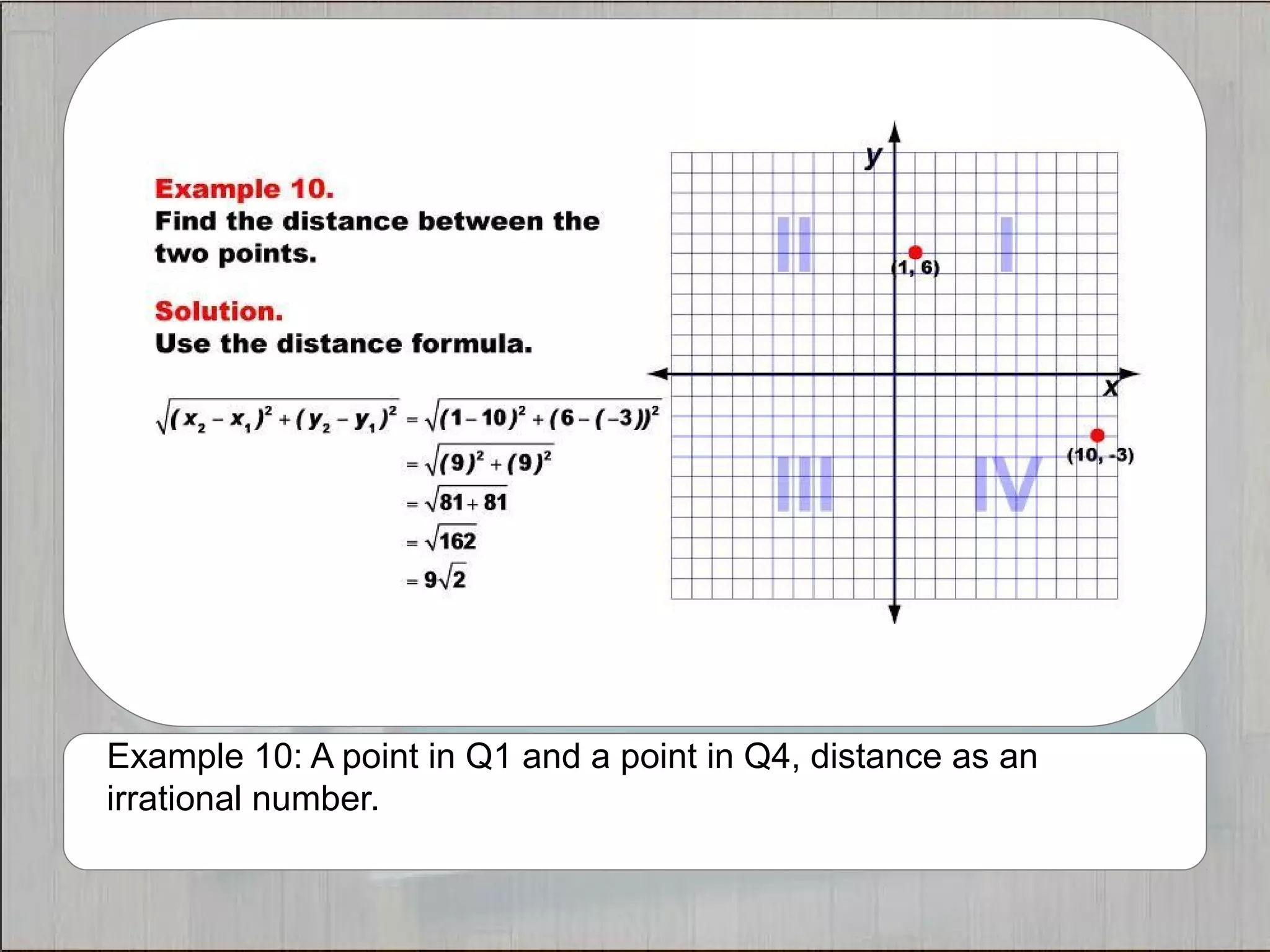 Example 10: A point in Q1 and a point in Q4, distance as an 
irrational number. 
 