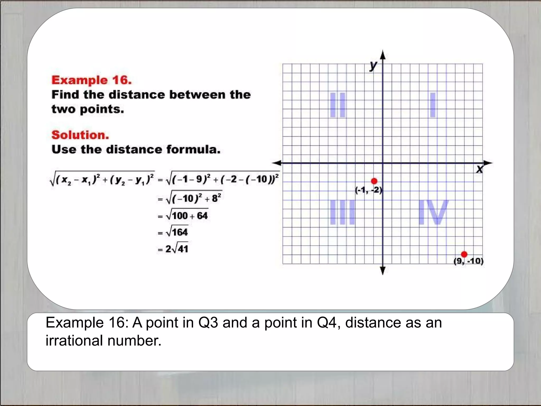 Example 16: A point in Q3 and a point in Q4, distance as an 
irrational number. 
 