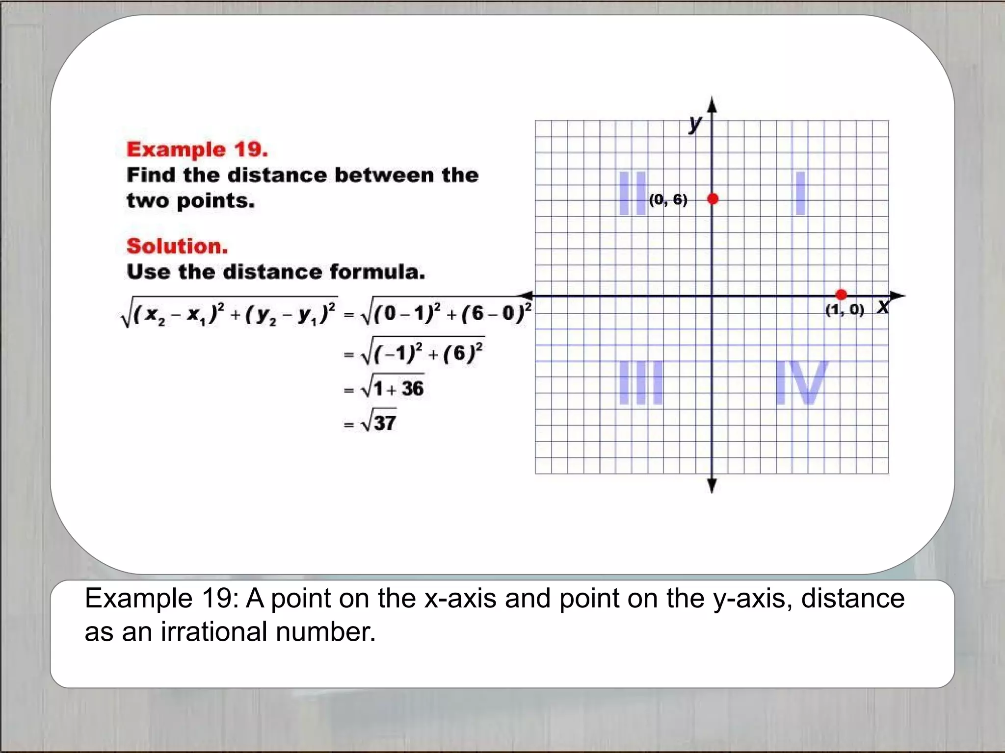 Example 19: A point on the x-axis and point on the y-axis, distance 
as an irrational number. 
 