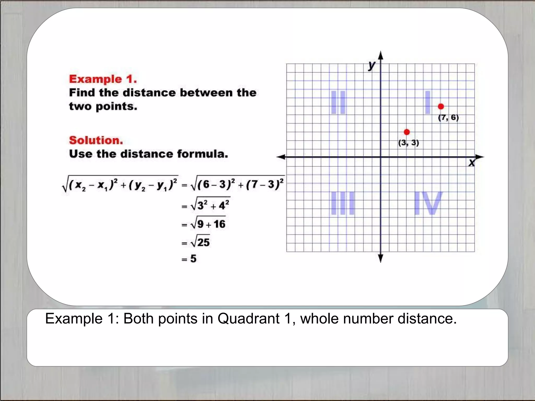 Example 1: Both points in Quadrant 1, whole number distance. 
 