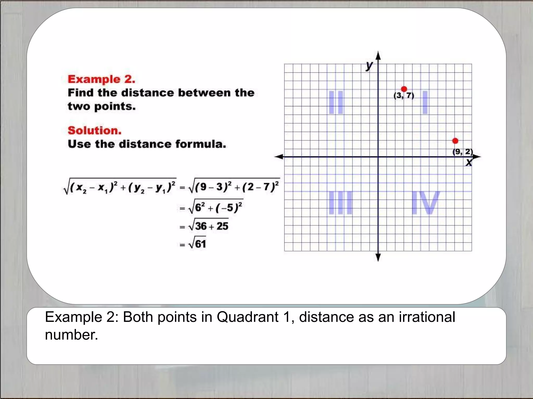 Example 2: Both points in Quadrant 1, distance as an irrational 
number. 
 