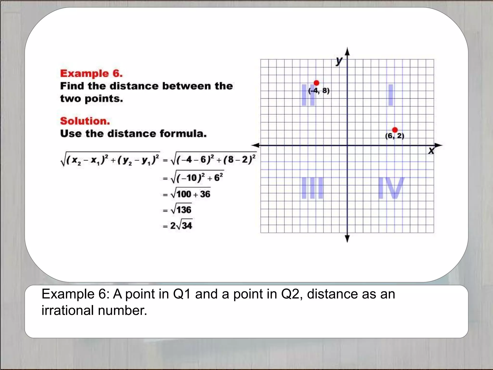 Example 6: A point in Q1 and a point in Q2, distance as an 
irrational number. 
 