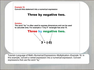 Tutorial--Language of Math--Numerical Expressions--Multiplication--Example 18. In
this example, convert a verbal expression into a numerical expression. Convert
expressions that use the word ”by.”
 