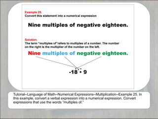 Tutorial--Language of Math--Numerical Expressions--Multiplication--Example 25. In
this example, convert a verbal expression into a numerical expression. Convert
expressions that use the words ”multiples of.”
 
