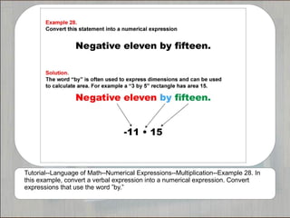 Tutorial--Language of Math--Numerical Expressions--Multiplication--Example 28. In
this example, convert a verbal expression into a numerical expression. Convert
expressions that use the word ”by.”
 